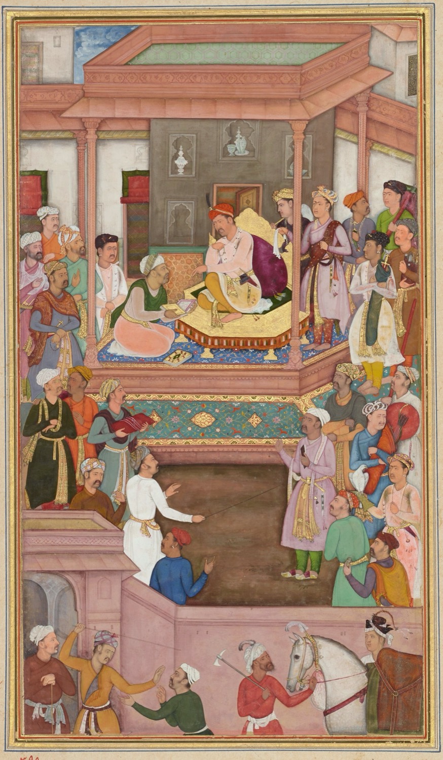 A Mughal-era painting of Abu'l-Fazl, chief advisor to Emperor Akbar, presenting the Akbarnama.